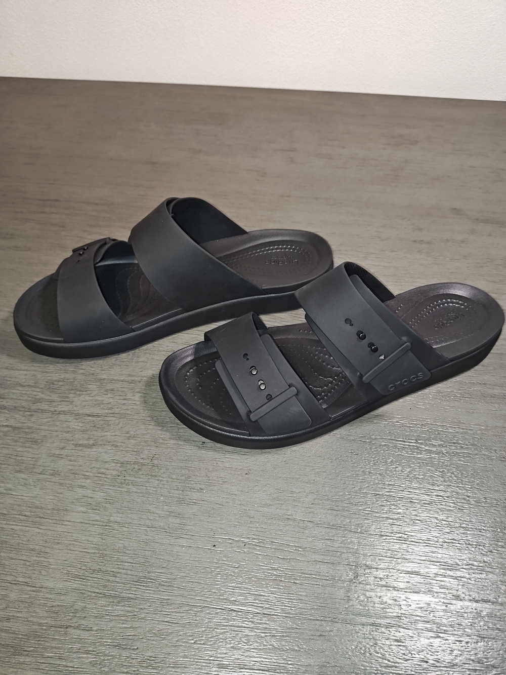 Lightride Crocs Woman's Black Dual-Strap Slide Sandals,Low Wedge,In Size 9